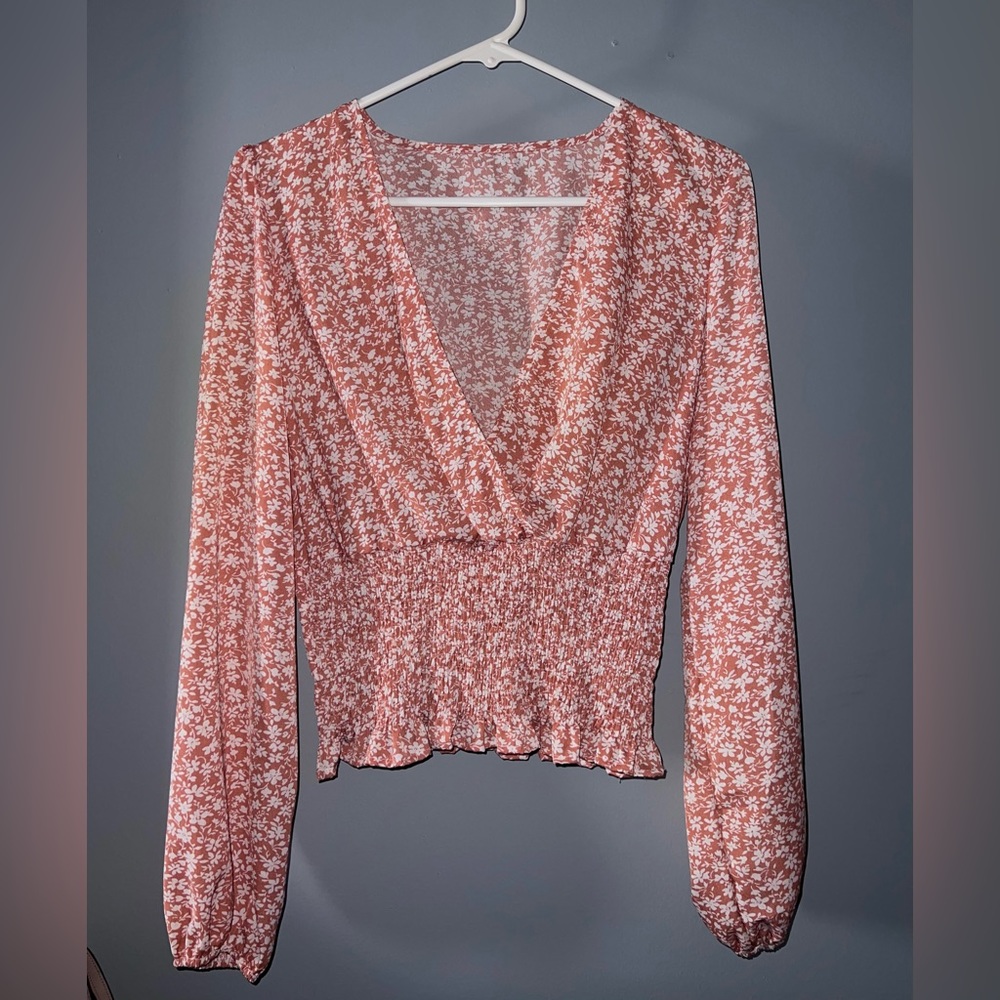 Frenchy ditsy floral shirred wrap blouse